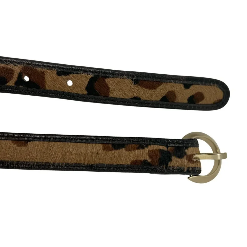 Ann Taylor Leather Belt Womens Medium Calf Hair Leopard Print Gold Tone Thin